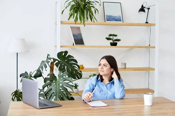Laptop ekranına bakan neşeli genç bir kadın, evdeki iyi haberler için heyecanlanıyor..