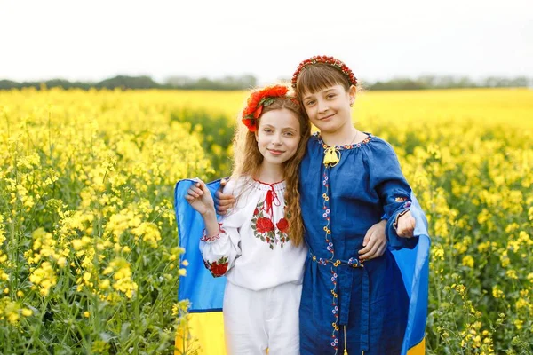 Pray Ukraine Two Cute Girls Holding Hands Blue Yellow Ukrainian — Stok fotoğraf