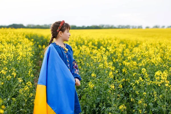 Pray Ukraine Child Ukrainian Flag Rapeseed Field Girl Holding National — стокове фото
