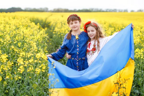 Pray Ukraine Two Cute Girls Holding Hands Blue Yellow Ukrainian — стокове фото