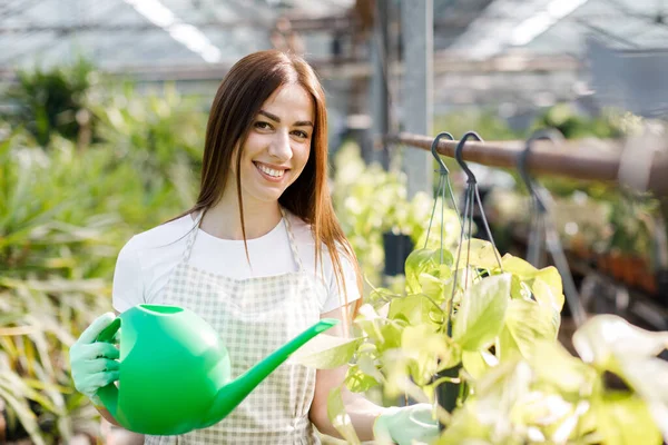 Genç bir kadın büyük bir seranın ortasında duruyor ve bir su bidonundan saksıları döküyor..
