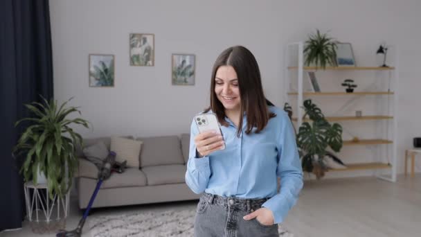 Smiling Woman Talking Phone Home Sofa Feminine Gossip Smartphone — Video