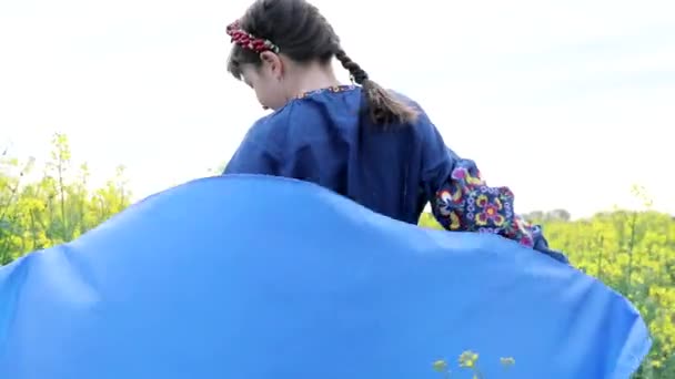 Pray Ukraine Child Ukrainian Flag Rapeseed Field Little Girl Holding — Stockvideo