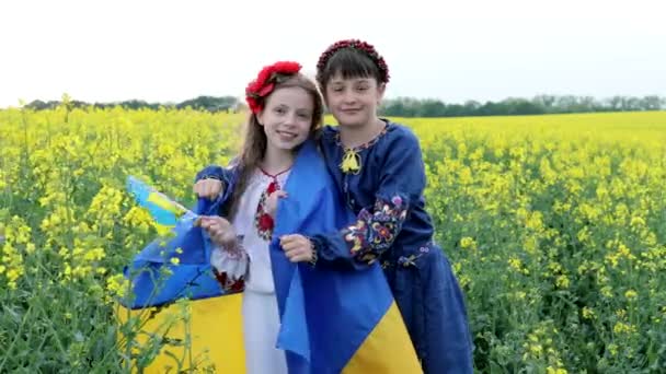 Pray Ukraine Two Cute Girls Holding Hands Blue Yellow Ukrainian — стокове відео