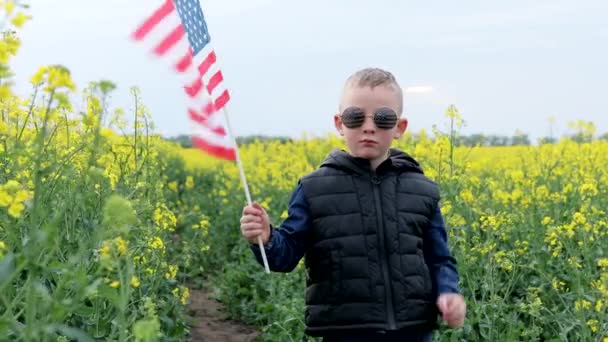 Närbild Ung Patriotisk Pojke Står Bland Fältet Pojke Som Står — Stockvideo
