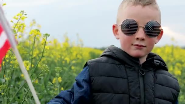 Closeup Young Patriotic Boy Stands Field Boy Standing American Flag — Stock video