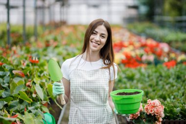 Serada çalışan genç bir kadın. Elinde saksı ve çiçek nakli için kürek tutan bir kadın.