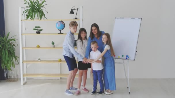 Woman His Kids Students Holding Hands Success Conception Education — Vídeo de Stock