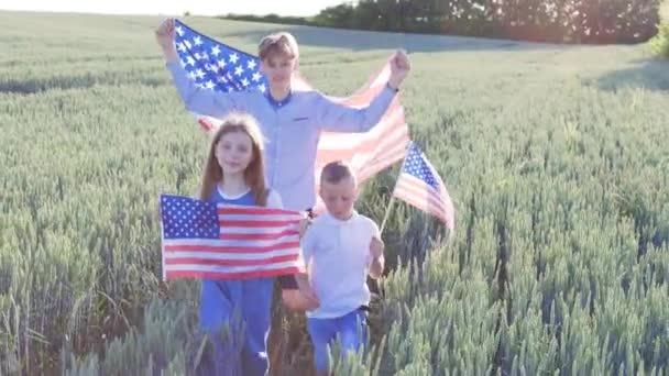 三个不同年龄的孩子站在麦田里 举着美国国旗 美国独立日的概念 — 图库视频影像