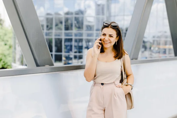 Happy Young Business Woman Talking Mobile Phone While Walking Street — Photo