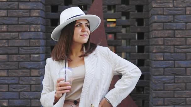 Beautiful Woman Going Meeting Cold Coffee Walking Street Portrait Successful — Vídeos de Stock