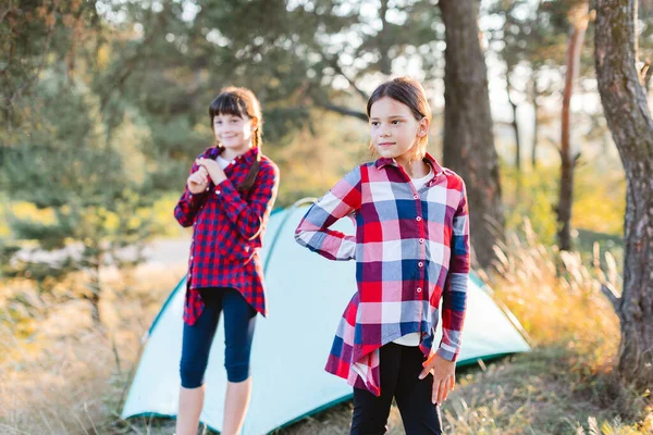 Cheerful teenage girls, satisfied with the work done, are standing in the forest resting after a long journey. Lets go camping. Family camping