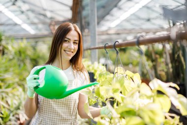 Genç bir kadın büyük bir seranın ortasında duruyor ve bir su bidonundan saksıları döküyor..