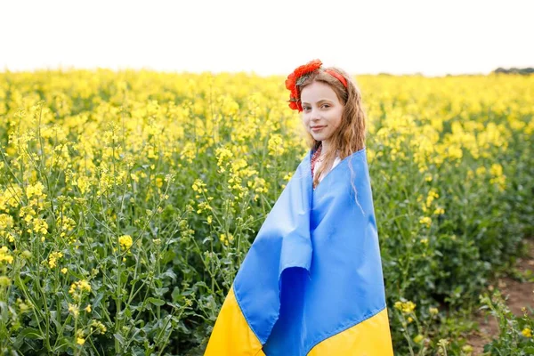Pray Ukraine Child Ukrainian Flag Rapeseed Field Girl Holding National — стокове фото