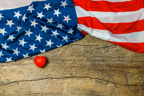 American Flag Little Red Heart Old Wooden Background Usa Memorial — 스톡 사진