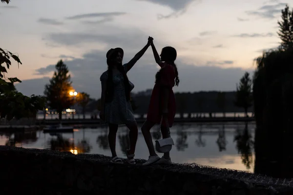 Silhouettes Two Girls Young Women Holding Hands Background Dusk Sky — Fotografia de Stock