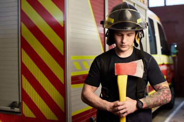 İtfaiyeci kasklı ve baltayla itfaiye arabasının karşısında.. 