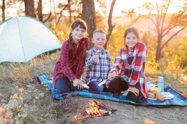 A cheerful company of two girls and a boy on a picnic in the middle of the forest. Children fry sausages on the fire, eat buns and have fun in nature