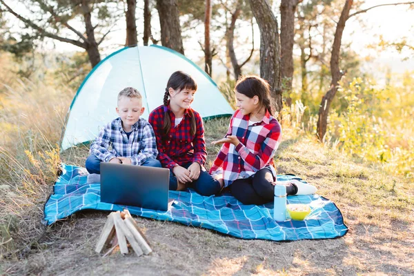 Children looking show on laptop in the forest. Boys and girls are resting in a tent camp. Children sit on the plaid on the grass in summer. The concept of summer outdoor recreation, travel and adventure