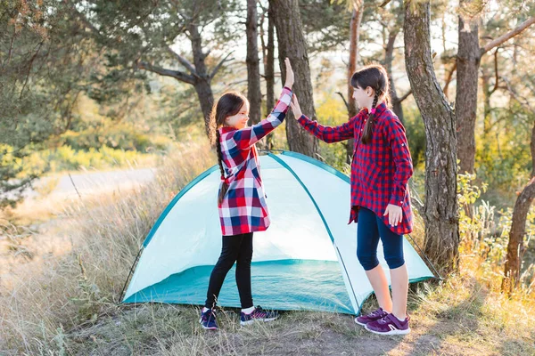 Cheerful teenage girls are satisfied with the work done and give each other high-fives. Lets go camping. Family camping