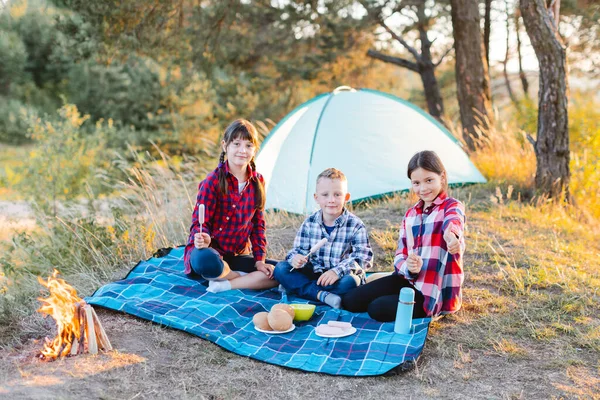 Una Alegre Compañía Dos Chicas Niño Picnic Medio Del Bosque —  Fotos de Stock