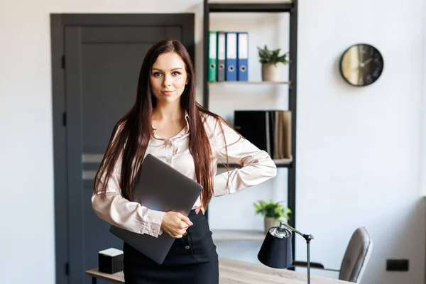 Adult Successful Female Employee Standing Modern Office Hold Laptop Arms — Stockfoto