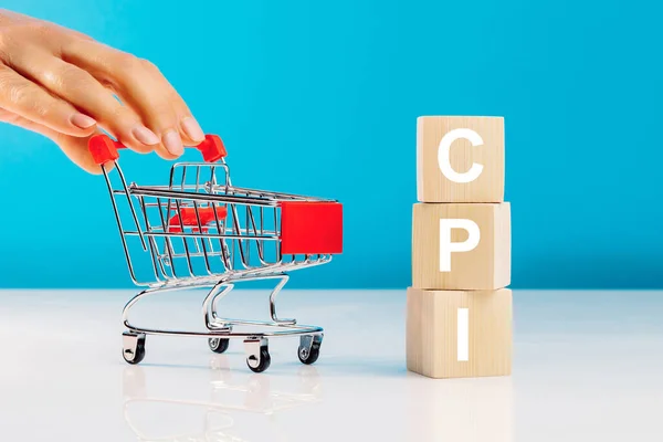 CPI - Tüketici Fiyat Endeksi sembolü. Harflerin CPI kısaltması ile tüketici fiyat endeksi ve kadının eli boş alışveriş arabasını mavi arka plana itiyor. İş ve CPI, tüketici fiyat endeksi kavramı