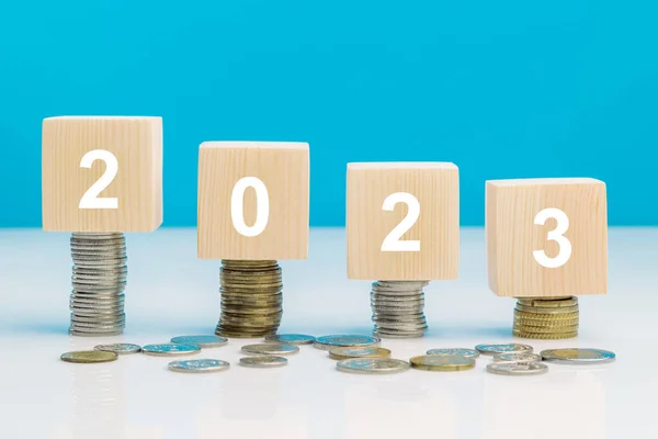 Madeni para yığınlarında ahşap blok 2023. Emeklilik fonu, emeklilik fonu, pasif gelir. İş yatırımı büyüme konsepti. Risk yönetimi. Bütçe 2023