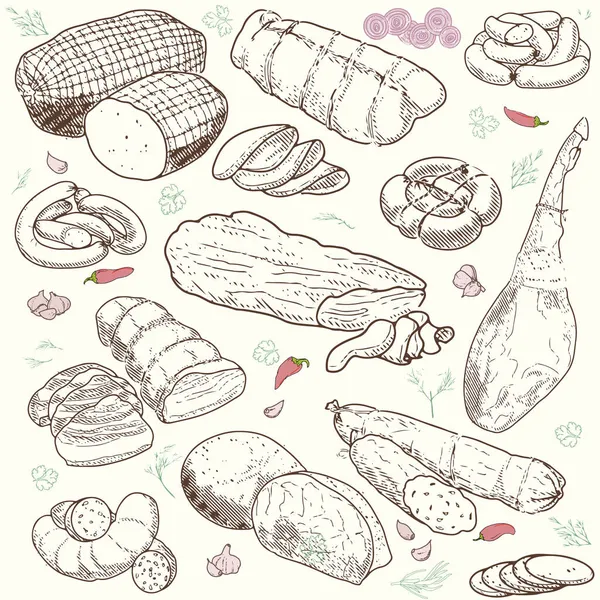 Produits à base de viande et saucisses — Image vectorielle