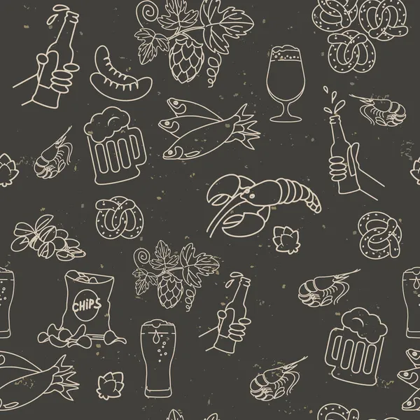 Набор иконок пива и закусок на доске с мелом — стоковый вектор