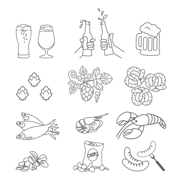 Ensemble d'icônes de bière et snack, emblème de la bière — Image vectorielle