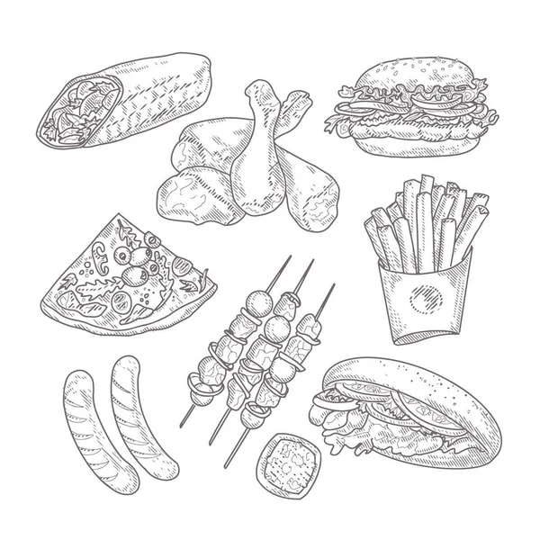 Oymalı bir eskiz tarzında bir fast food koleksiyonu.
