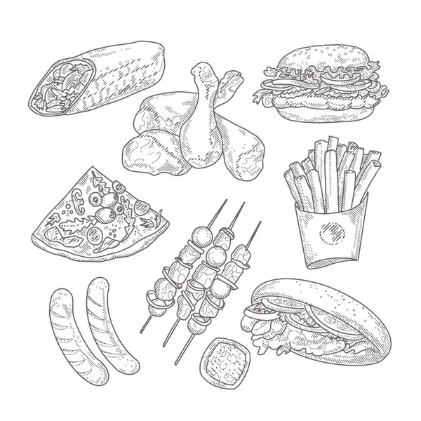 Una colección de comida rápida al estilo de un boceto grabado Vector De Stock