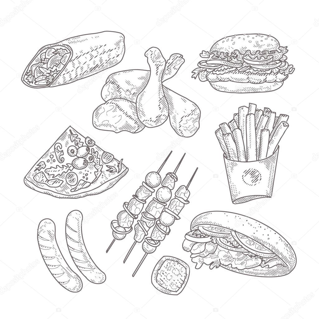 A collection of fast food in the style of an engraved sketch