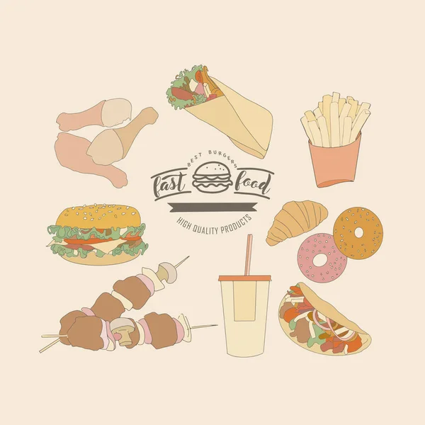 A collection of fast food in the style of an engraved sketch — Stock Vector