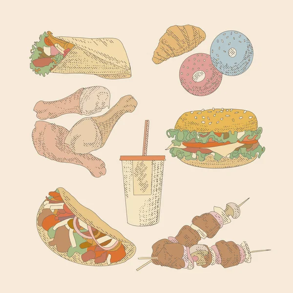 A collection of fast food in the style of an engraved sketch — Stock Vector