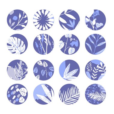 Çok peri renginde bitkilerin olduğu yuvarlak soyut simgeler.