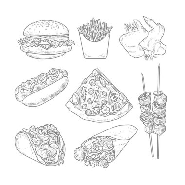 Oymalı bir eskiz tarzında bir fast food koleksiyonu.