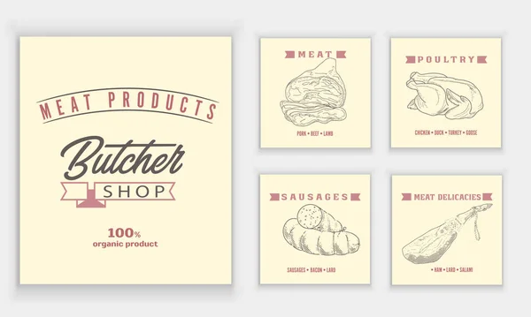 バナーのセット肉製品とソーセージ — ストックベクタ