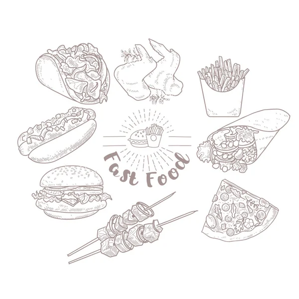 Eine Sammlung von Fast Food im Stil einer gravierten Skizze — Stockvektor