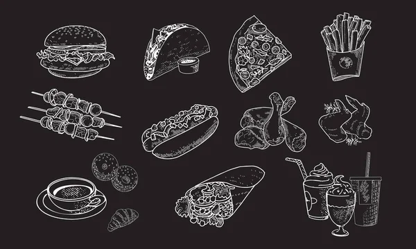 A collection of fast food in the style of an engraved sketch on a blackboard with chalk — Stock Vector