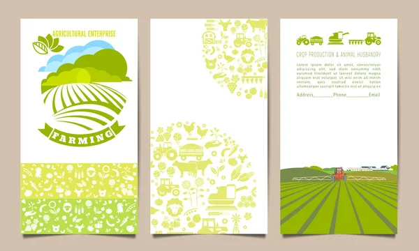 Raccolta di modelli per brochure agricole con trattore, campi, azienda agricola — Vettoriale Stock