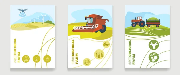 Сбор шаблонов для сельскохозяйственных брошюр с комбайном, трактором, полями, фермой — стоковый вектор