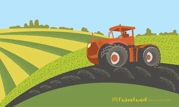 Tarlada traktörlü tarım bayrağı — Stok Vektör