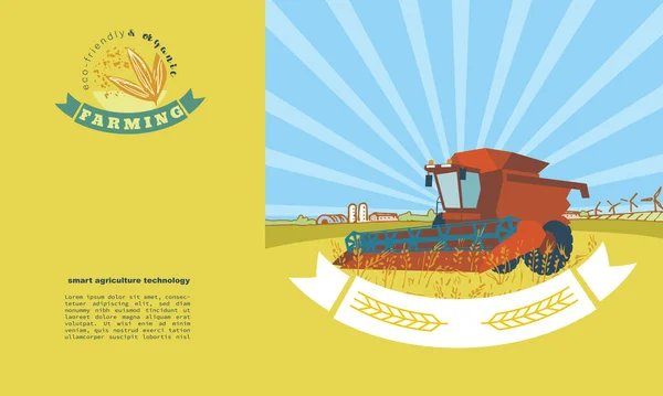 Combineer oogstmachine in een veld met tarwe, sjabloon van een boekje, spandoek met embleem — Stockvector