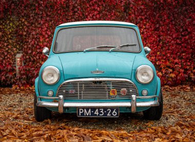 Brummen, Gelderland Vilayeti, Hollanda, 15.10.2022, 1964 model klasik BMC Austin Cooper S 'nin mavi renkli ön görüntüsü