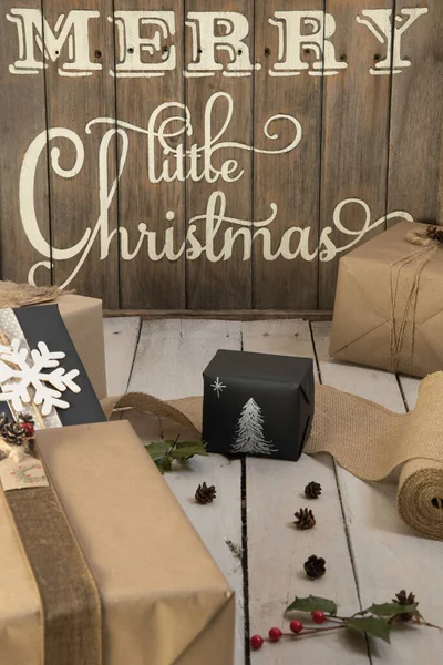 Merry Little Christmas Background Gifts Adornments — Stock Photo, Image