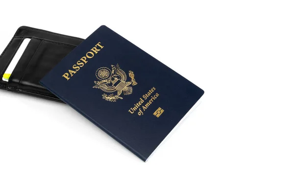 Ηνωμένες Πολιτείες Αμερικής Διαβατήριο Και Πορτοφόλι Λευκό Φόντο — Φωτογραφία Αρχείου