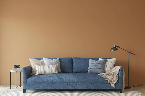 Moderní Interiér Obývacího Pokoje Interiérová Maketa Modrý Gauč Prázdné Zdi — Stock fotografie