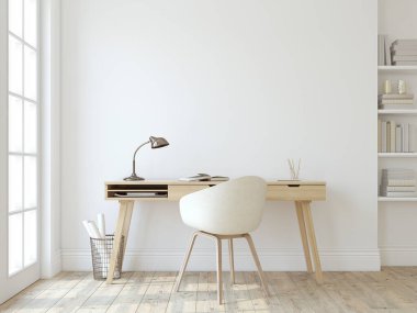 Scandinavic tarzında ev ofis Iç. İç mockup. 3d render.